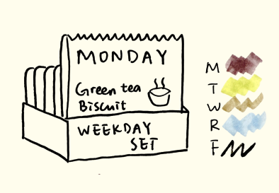 Sketch of a weekday baked-goods set with a different flavor for each day.