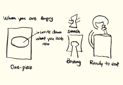 Sketch of a snack package designed to respond to anger through writing, smashing, or eating.