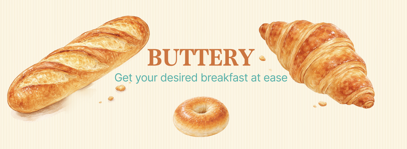 Buttery breakfast subscription cover with illustrated bread, croissant, and bagel.