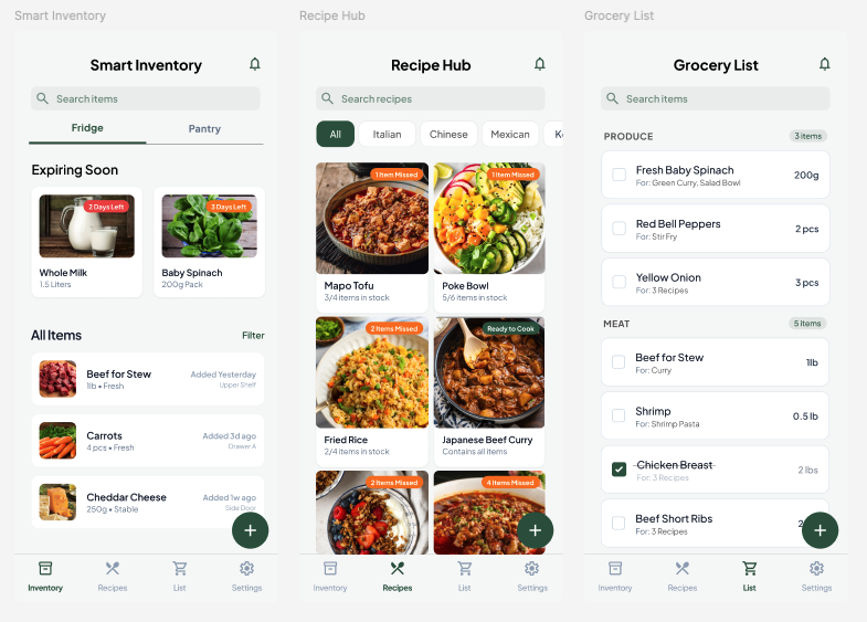 CookPrep smart inventory, recipe hub, and grocery list screens.