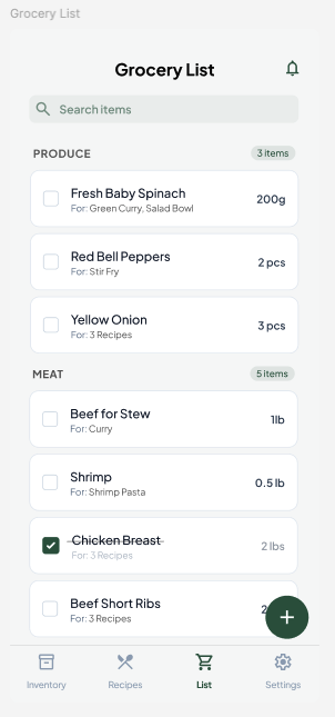 CookPrep categorized grocery list.