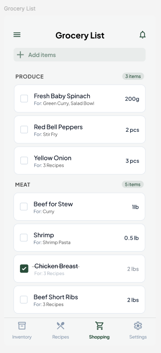 Original grocery list screen with Shopping in the navigation.