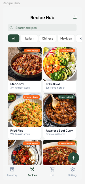 CookPrep recipe hub screen.
