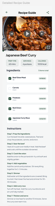 CookPrep detailed recipe guide screen.