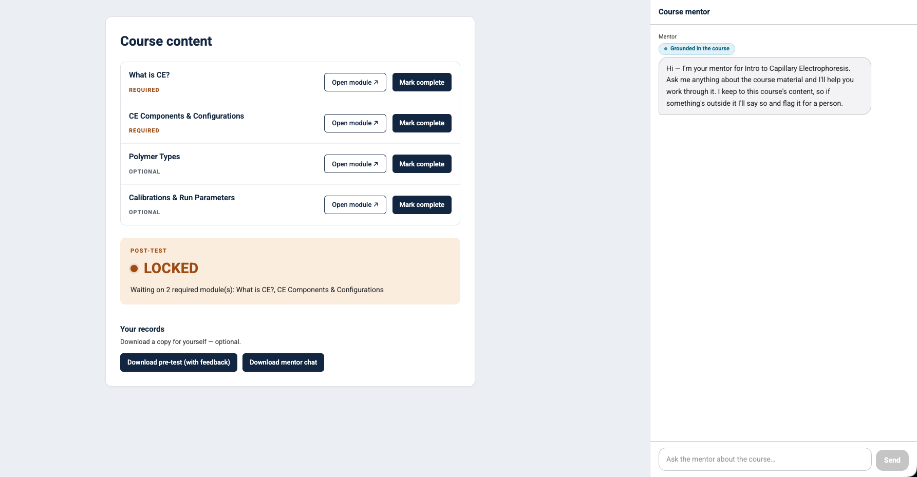 Adaptive Learning Assistant workspace with assigned modules and an AI mentor.